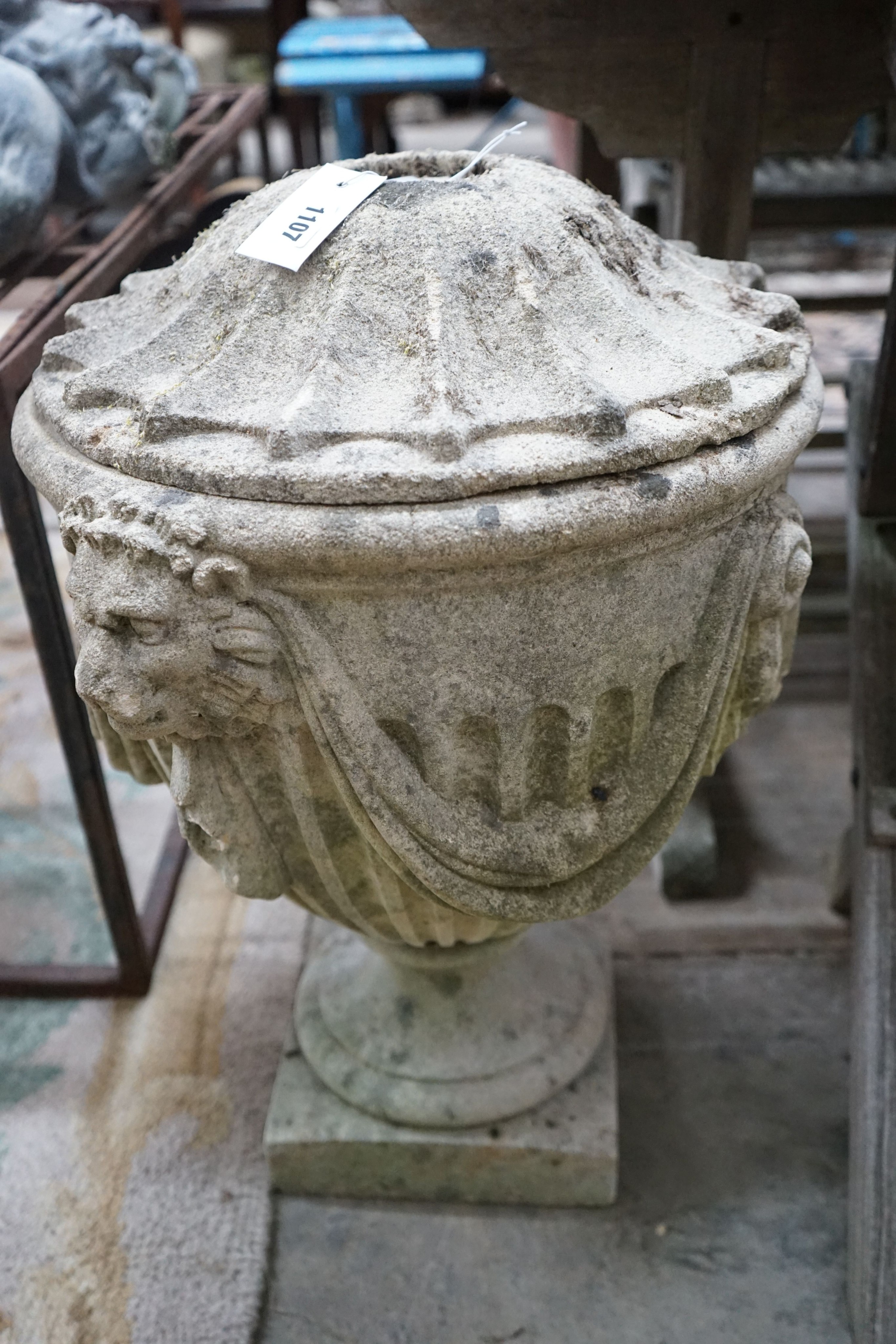An Adam design reconstituted stone garden lidded urn with lion mask body, diameter 40cm, height 60cm